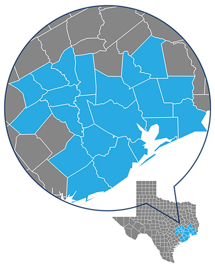 Map of counties that are eligible for membership with ACU of Texas