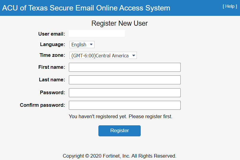 Screen capture showing registration screen to view secure message